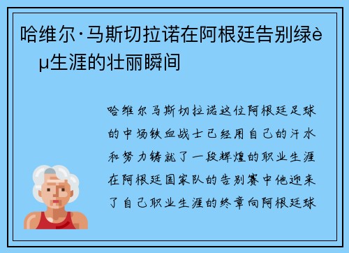 哈维尔·马斯切拉诺在阿根廷告别绿茵生涯的壮丽瞬间 哈维尔·马斯切拉诺在阿根廷告别绿茵生涯的壮丽瞬间
